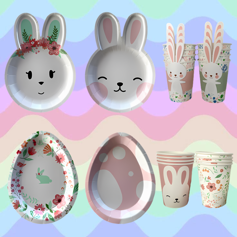 Set Stoviglie da Festa "Coniglietto Primavera" - Piatti e Bicchieri Carta Eco-Friendly - Grandiscount
